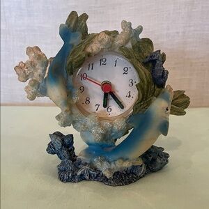 Ocean-Themed Decorative Clock with Blue and Green Accents coral and dolphin